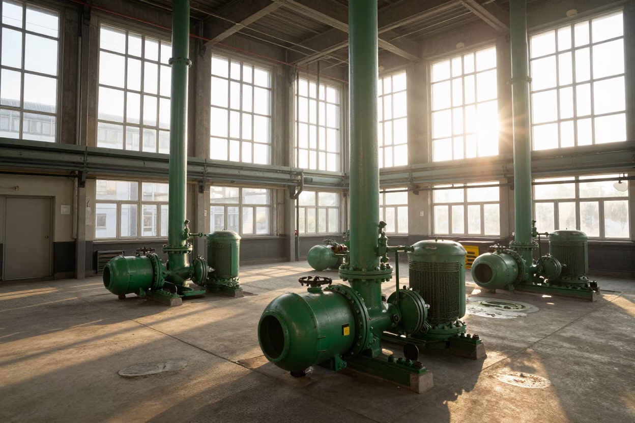 Berlin Sewage Pumping Station Interior at Sunrise with Massive Green Pumps in in Berlin, Germany