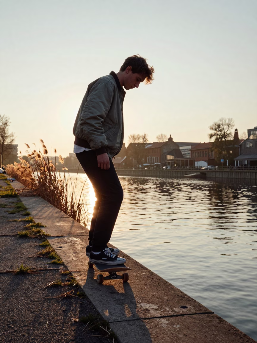 Berlin Skateboarder at Friedrichshain Canal After Sunrise in in Berlin, Germany