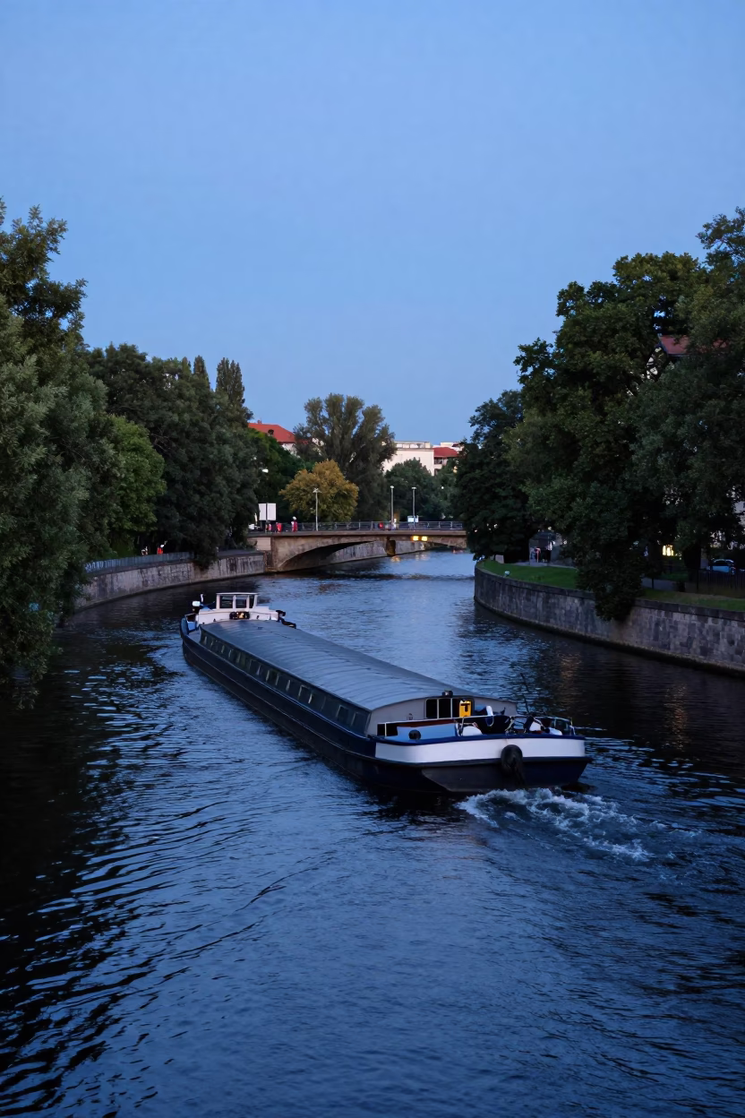 Berlin Spree Canal at Blue Hour with Barge Navigating Tree-Lined Waterway in in Berlin, Germany