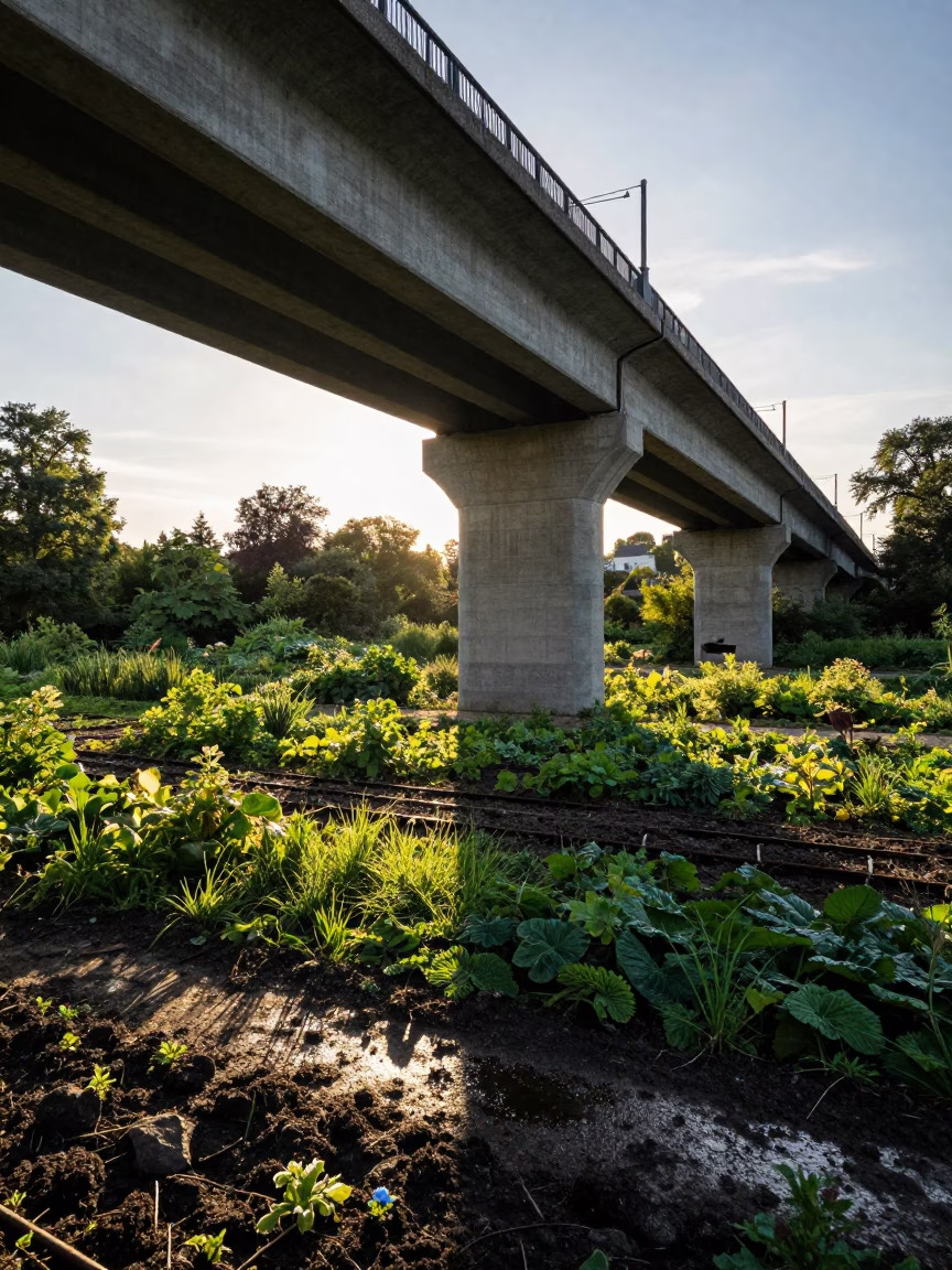 Berlin Spree River Viaduct Shadow Cutting Across Allotment Gardens After Rain at Golden Hour in in Berlin, Germany