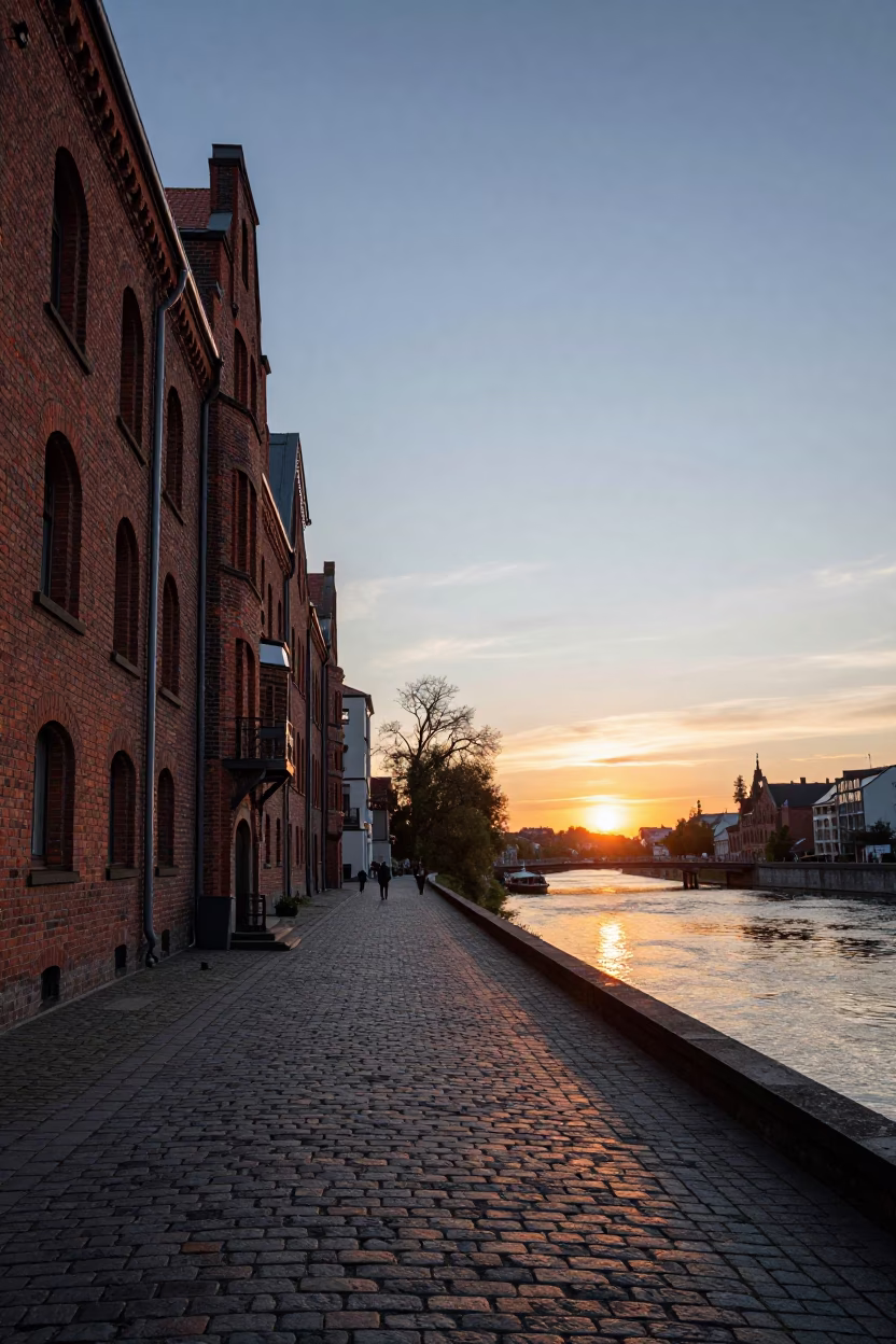 Berlin Spree Riverbank Twilight Scene with Historic Brick Architecture and Pedestrians in in Berlin, Germany