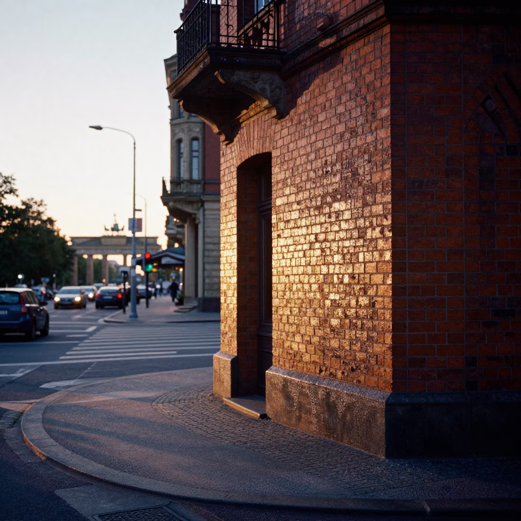 Berlin street corner at dusk featuring condensation on brick wall and boot scraper in in Berlin, Germany