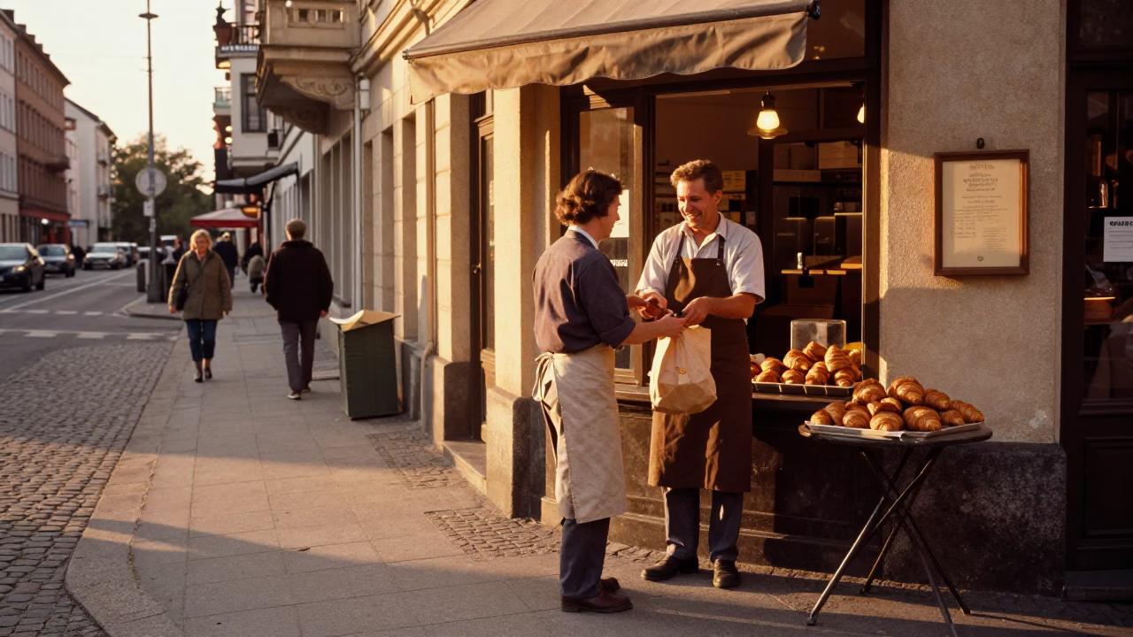 Berlin Street Corner at Golden Hour with Fresh Croissants and Local Life in in Berlin, Germany