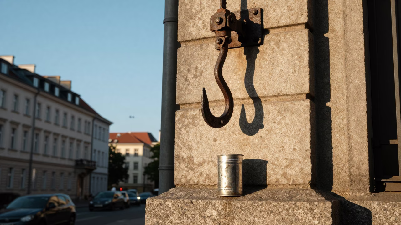 Berlin Street Corner Late Afternoon Scene with Iron Hook and Coffee Tin in in Berlin, Germany