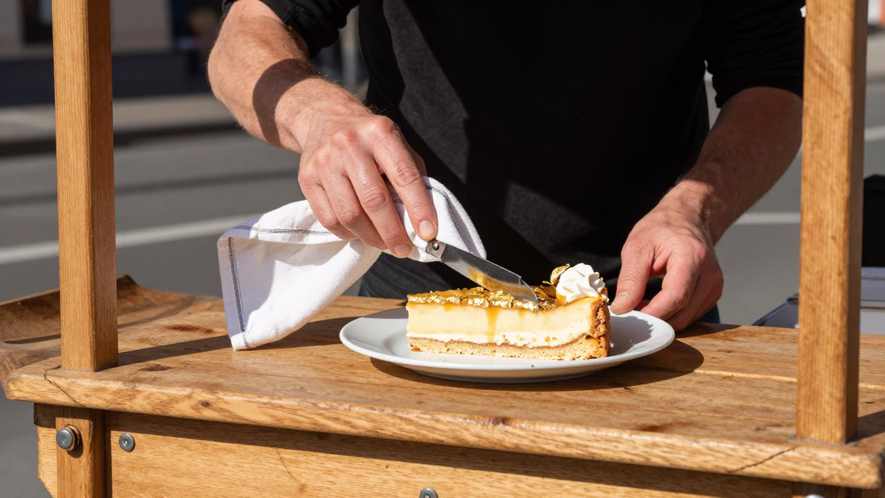 Berlin Street Food Scene with Tea Towel and Sliced Sachertorte in Bright Midmorning Light in in Berlin, Germany