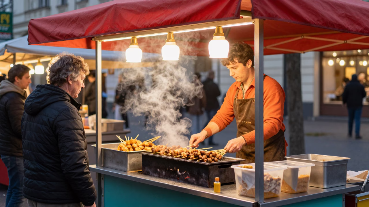 Berlin Street Food Stall Honeyed Evening Light Colorful 1970s Aesthetic in in Berlin, Germany