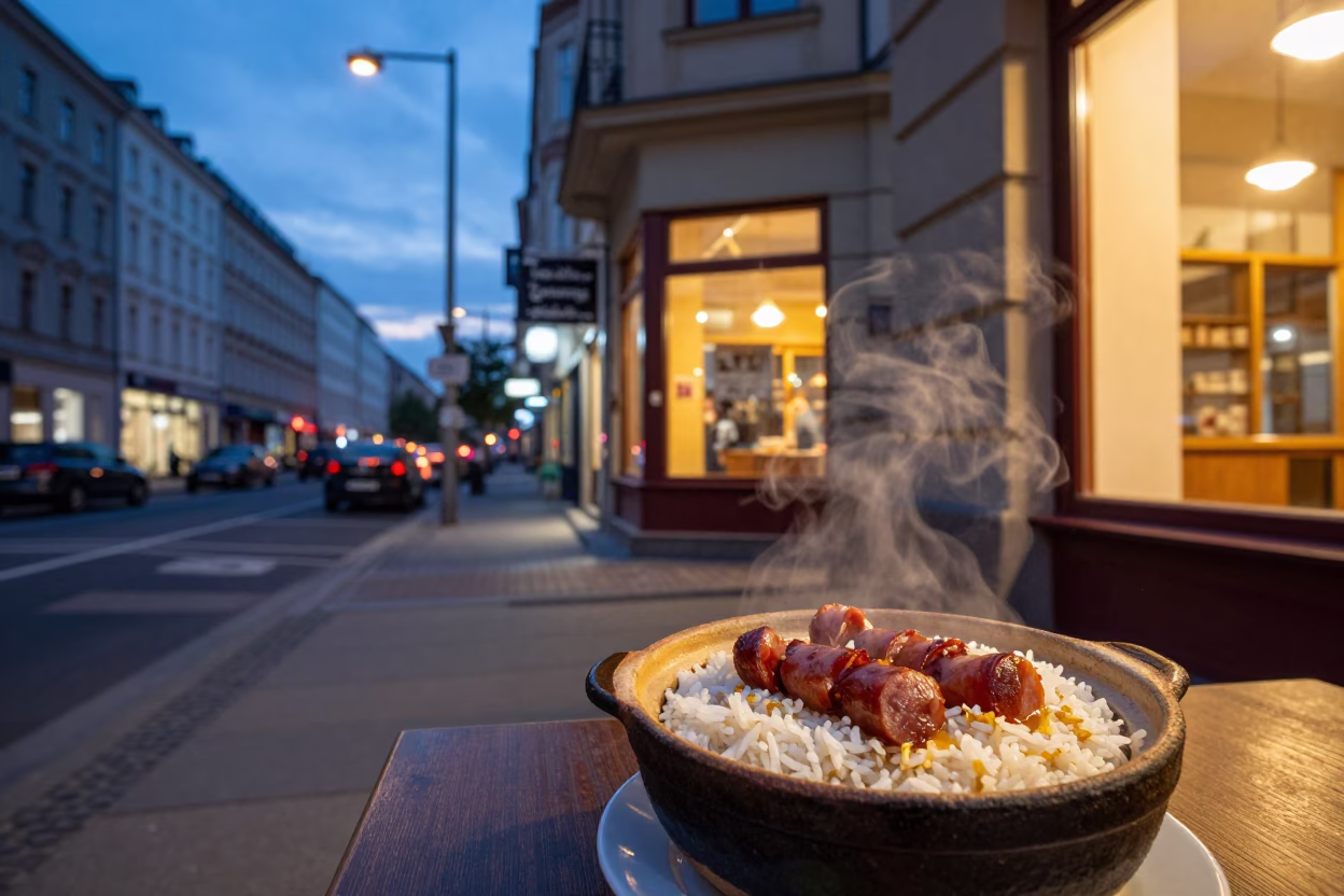 Berlin Street Scene at Dusk with Claypot Rice and Neapolitan Pizza in Shop Window in in Berlin, Germany