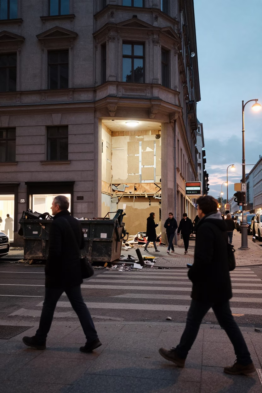 Berlin Street Scene at Dusk with Demolition Dumpster and Urban Decay in in Berlin, Germany