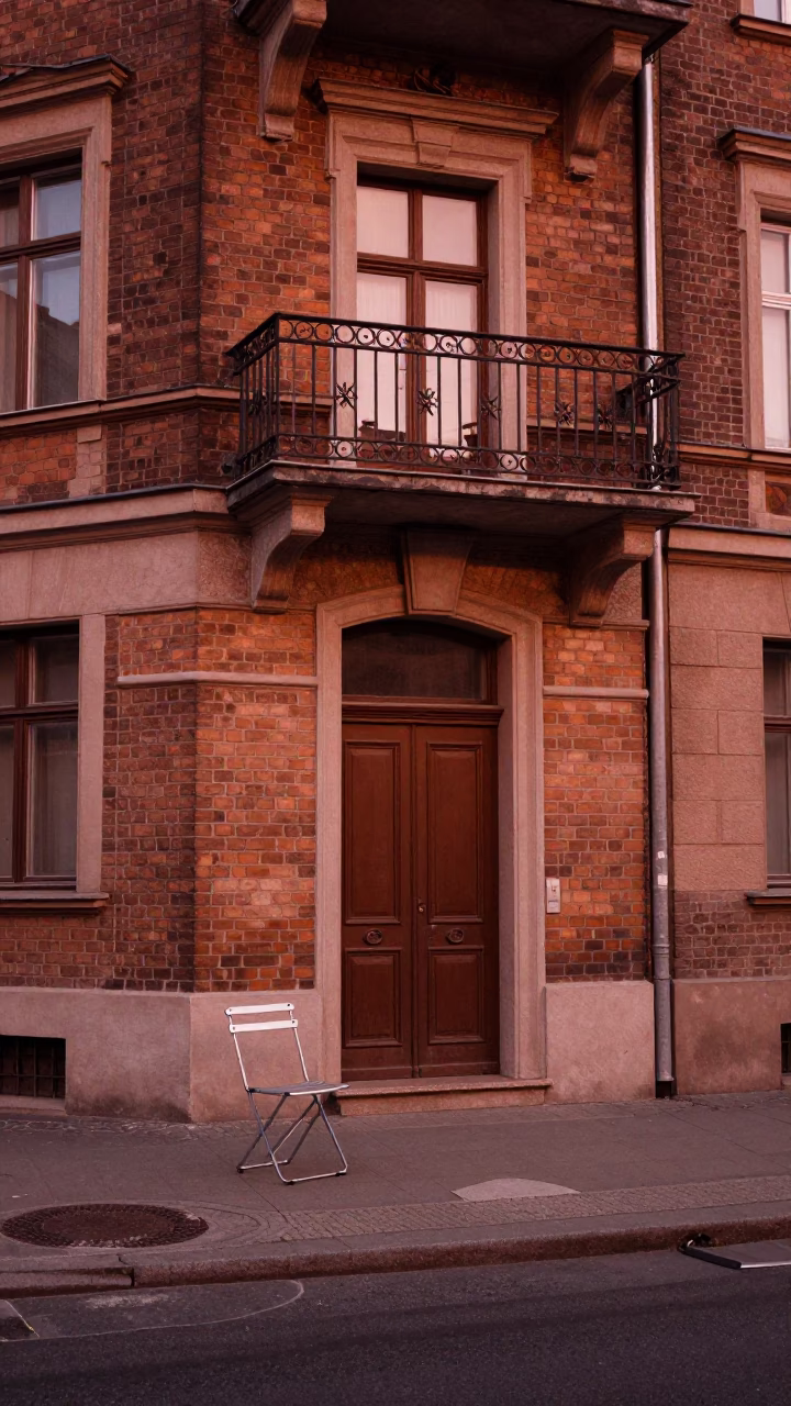 Berlin Street Scene at Dusk with Folding Chair and Peony Bush in in Berlin, Germany
