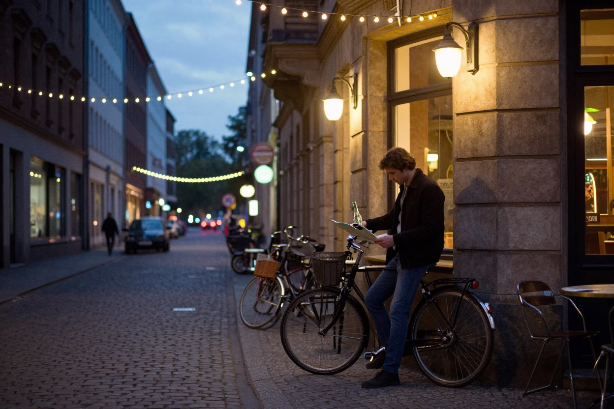 Berlin Street Scene at Dusk with String Lights and Glass Bottle in in Berlin, Germany