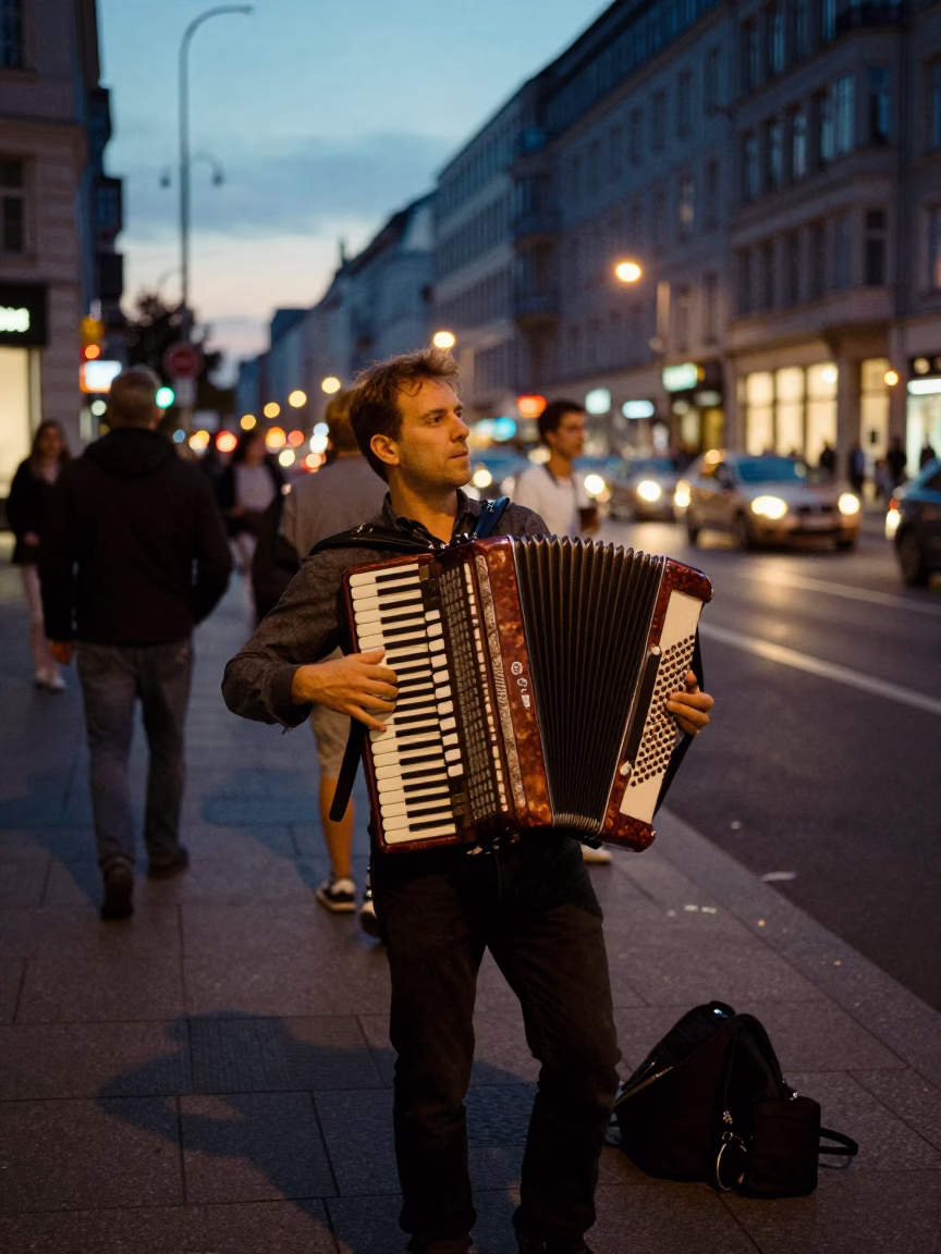 Berlin Street Scene at Dusk with Vintage Accordion Player and City Lights in in Berlin, Germany
