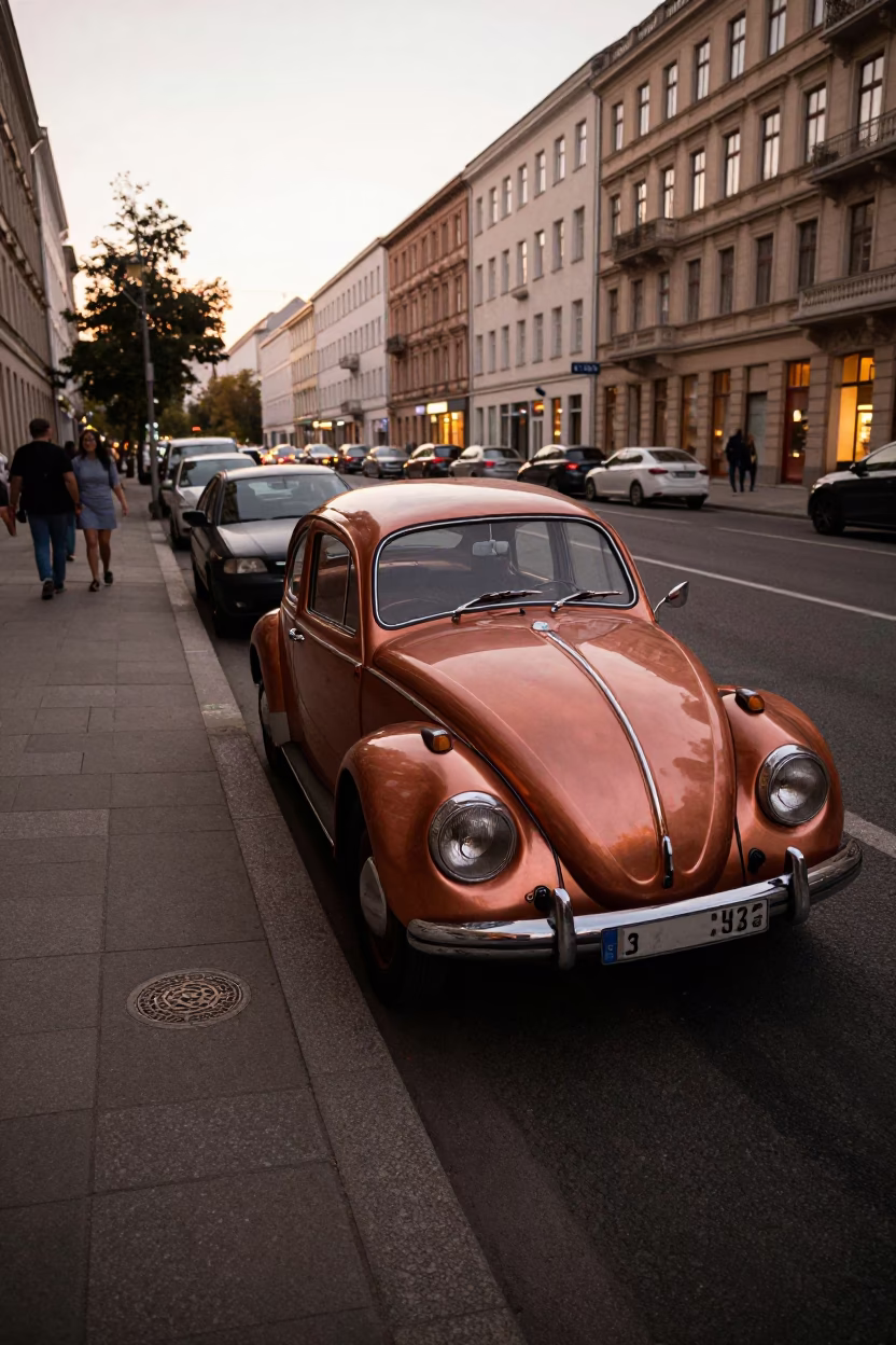 Berlin Street Scene at Dusk with Vintage Car and Diner Atmosphere in in Berlin, Germany