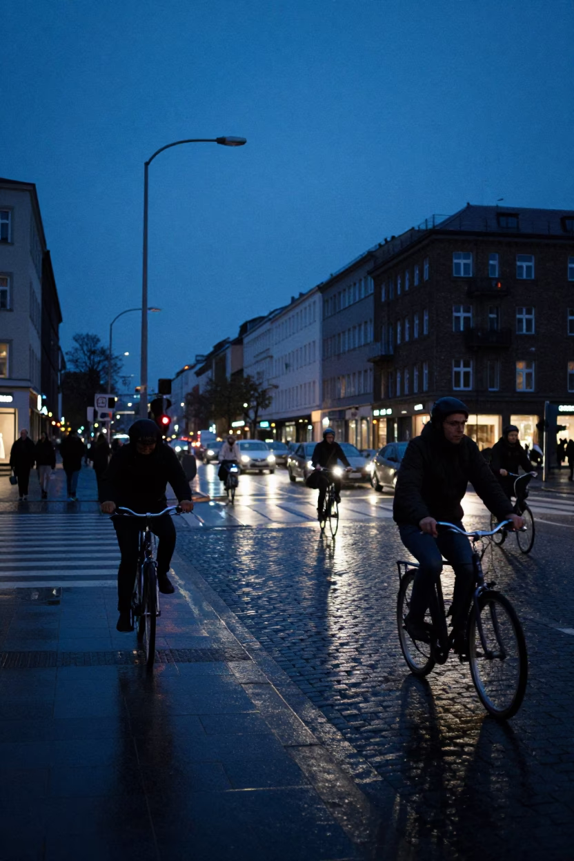Berlin Street Scene at Indigo Twilight with Cyclists and U-Bahn Station Entrance in in Berlin, Germany