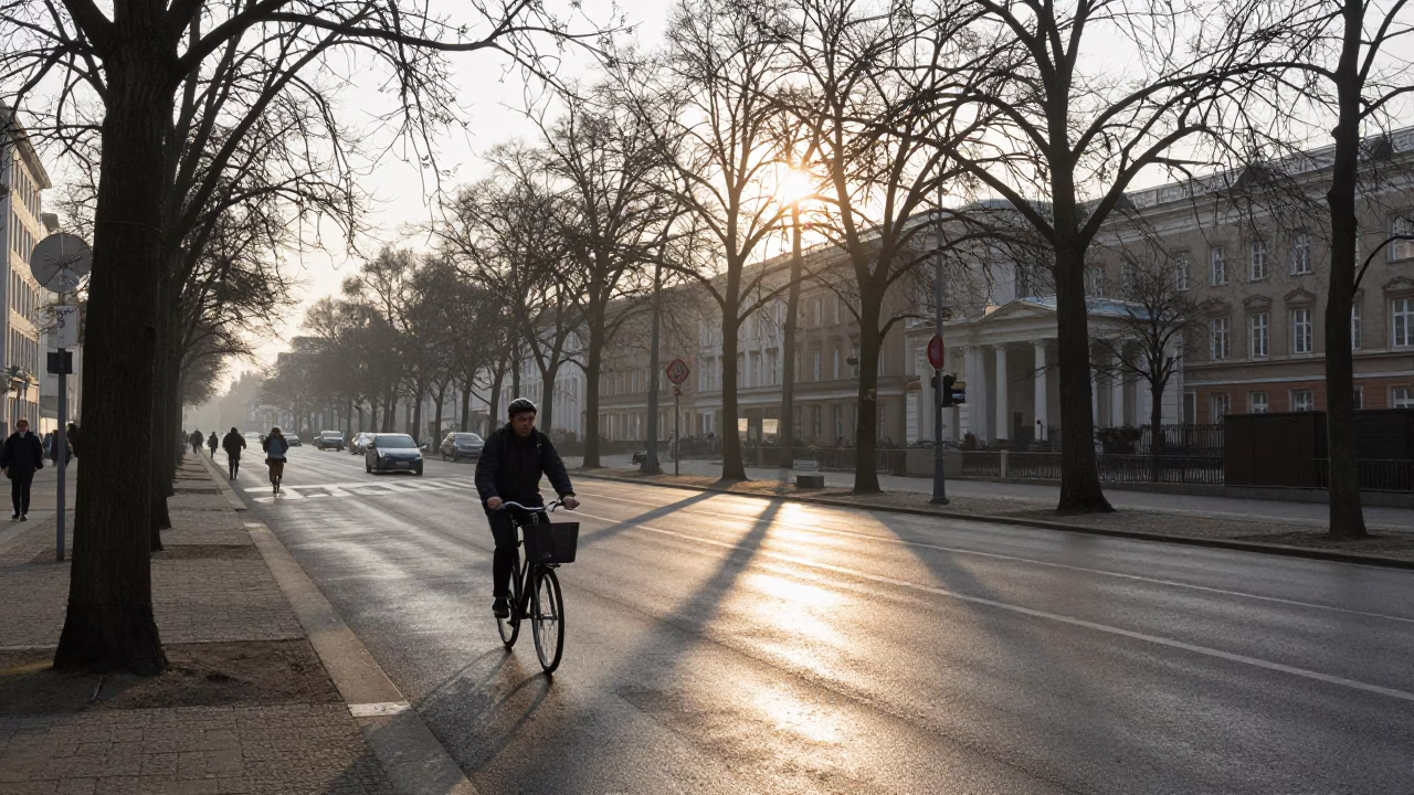 Berlin Street Scene at Sunrise with Commuter and Bicycle in in Berlin, Germany