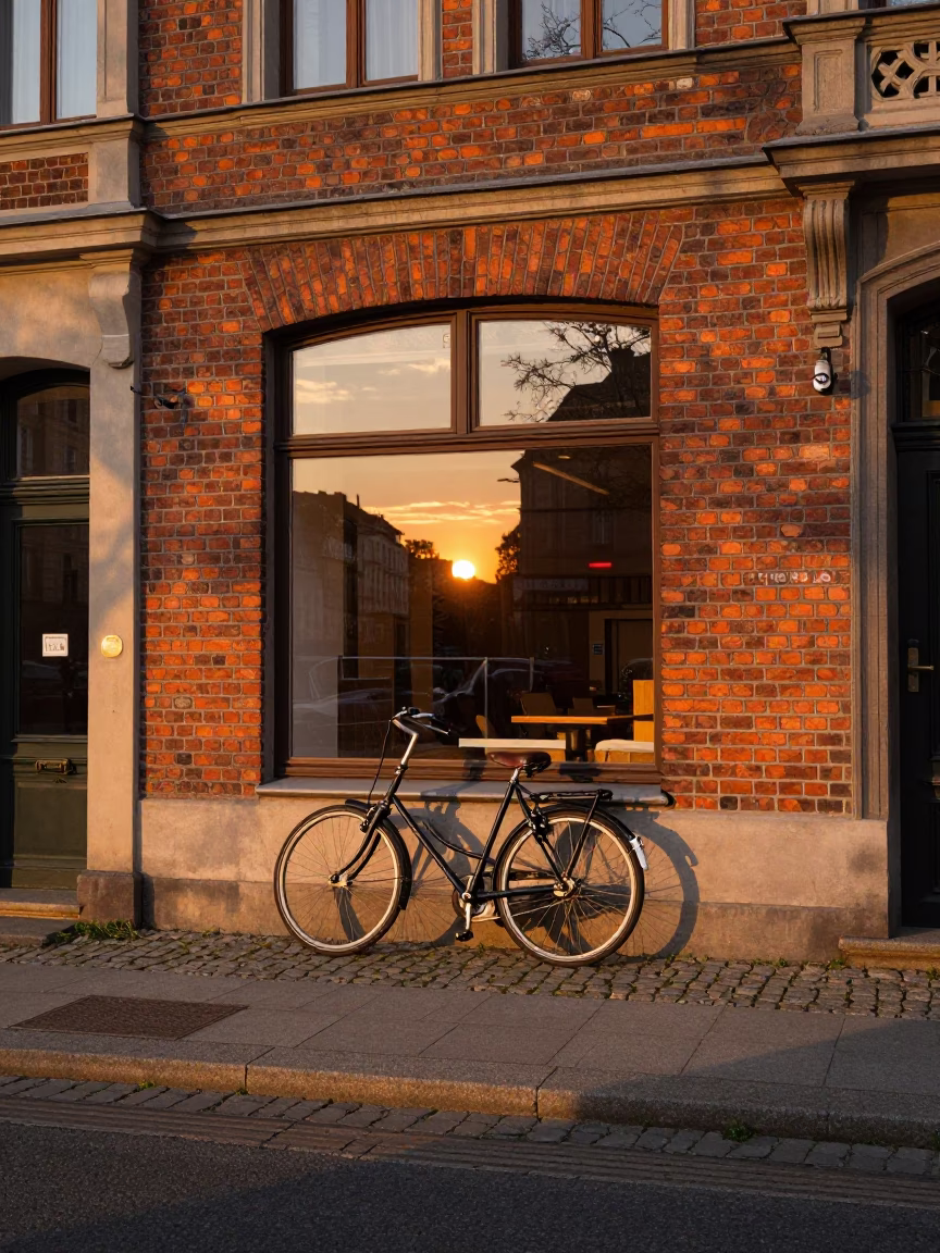Berlin Street Scene at Sunset with Bicycle and Bakery Display in in Berlin, Germany