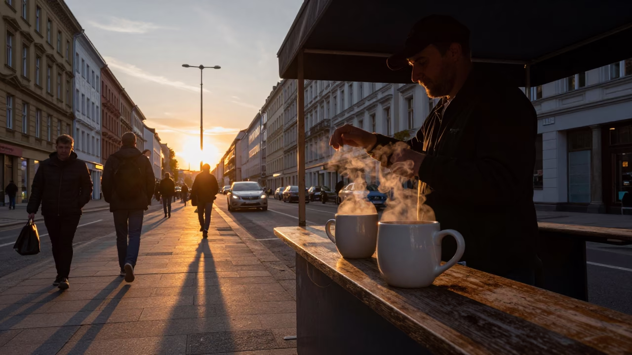 Berlin Street Scene at Sunset with Coffee Mugs and Urban Details in in Berlin, Germany