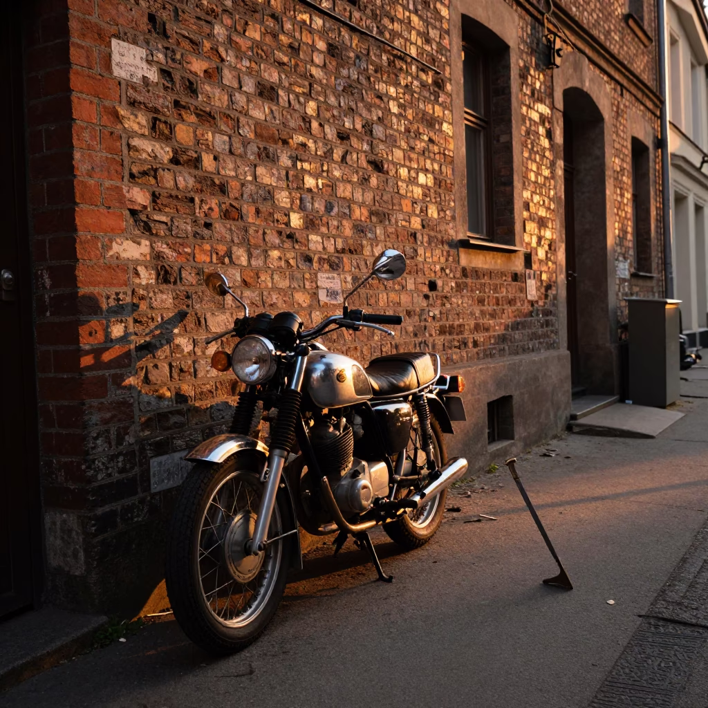 Berlin Street Scene at Sunset with Crowbar and Motorcycle on Cobblestone in in Berlin, Germany