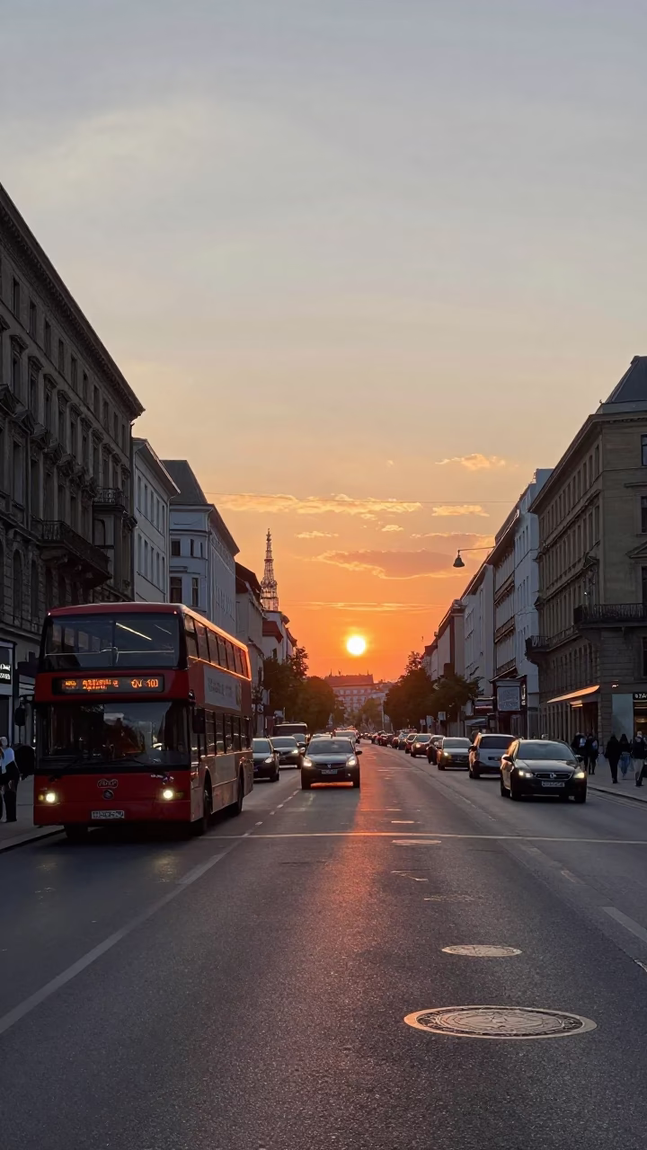 Berlin Street Scene at Sunset with Double-Decker Bus and Urban Details in in Berlin, Germany