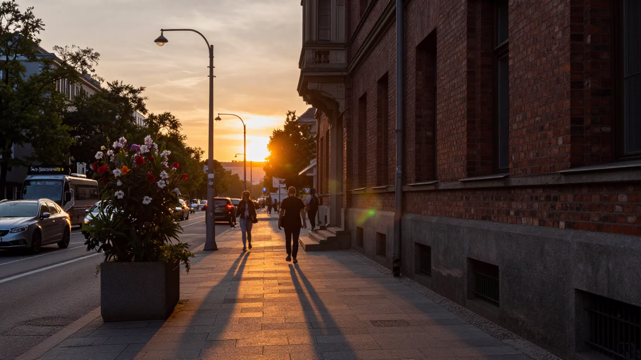 Berlin Street Scene at Sunset with Flowering Plant and Spinning Top in in Berlin, Germany