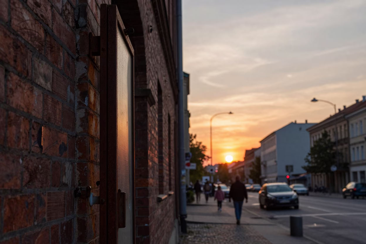 Berlin Street Scene at Sunset with Rusty Doorframe and Ceramic Cup on Table in in Berlin, Germany