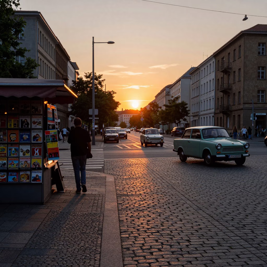 Berlin Street Scene at Sunset with Vintage 1970s Aesthetic and Urban Details in in Berlin, Germany