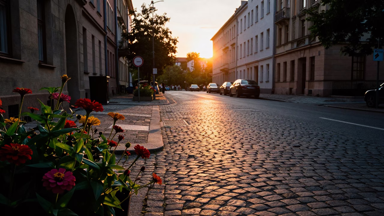 Berlin Street Scene at Sunset with Zinnias and Cobblestone Details in in Berlin, Germany
