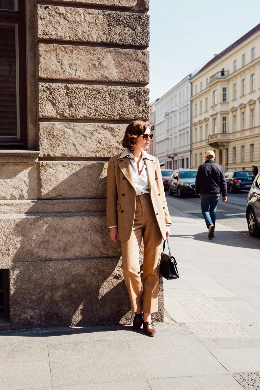 Berlin Street Scene in Bright Midmorning Light with Vintage Fashion Elements and Urban Architecture in in Berlin, Germany