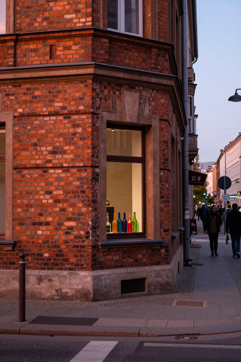Berlin Street Scene in Copper Dusk Light with Colored Glass Bottle and Stoneware Crocks in in Berlin, Germany