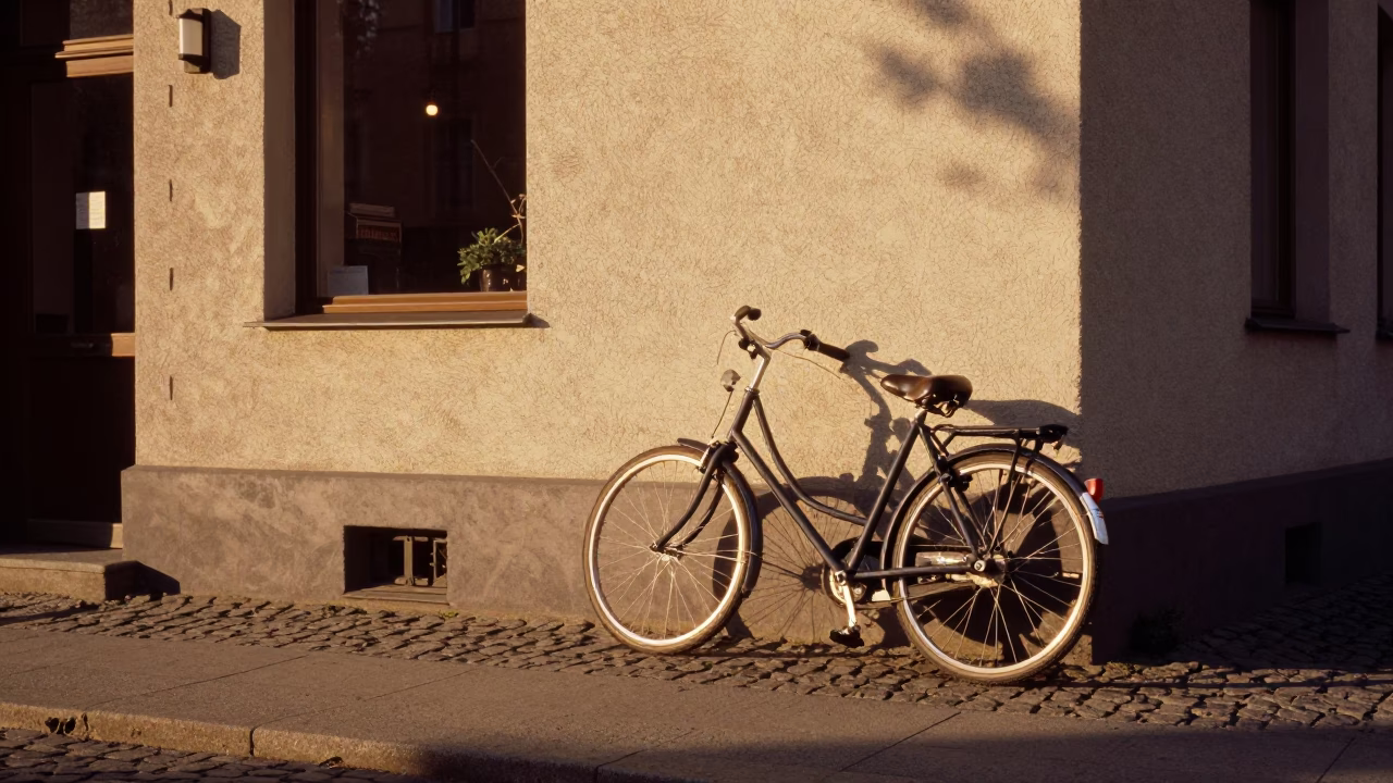 Berlin Street Scene Late Afternoon Bicycle Leaning Against Cafe Wall in in Berlin, Germany