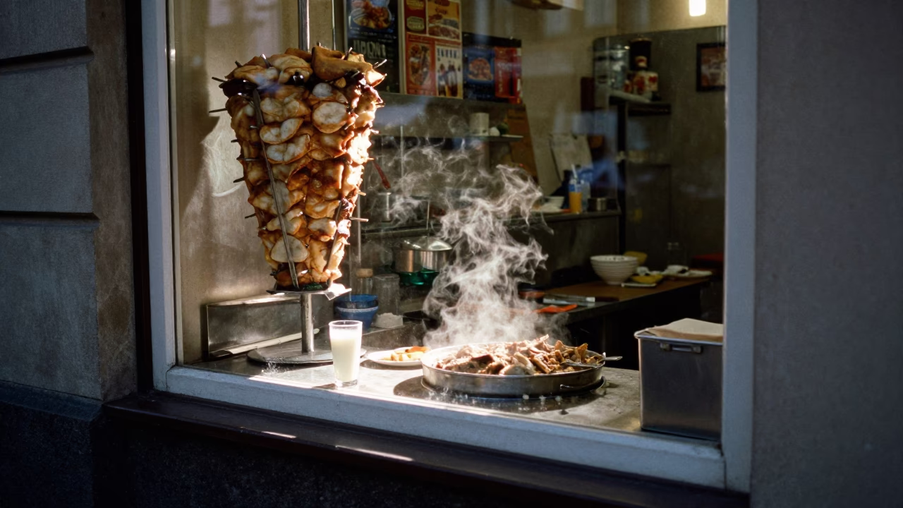 Berlin Street Scene Late Afternoon Light Kebab Shop Window with Ayran and Gravy Boat in in Berlin, Germany