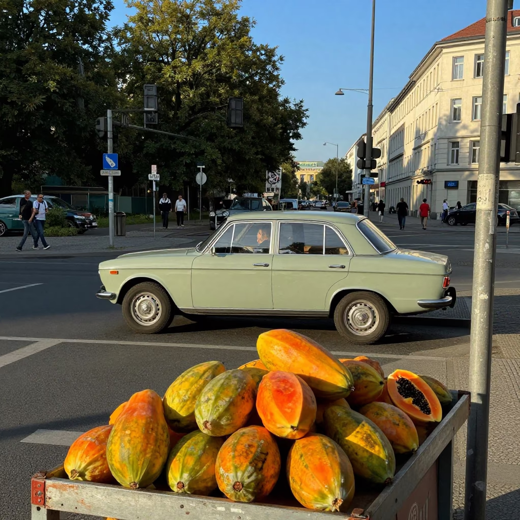 Berlin Street Scene Late Afternoon Light with Vintage Car Rally and Papayas in in Berlin, Germany