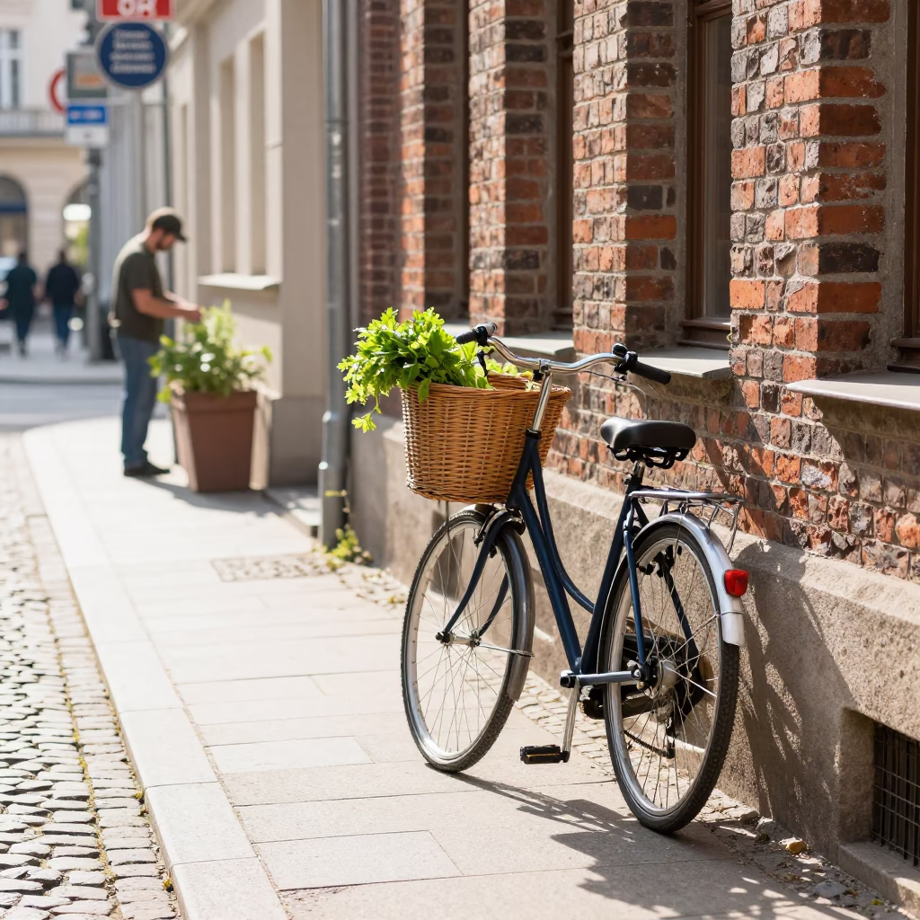 Berlin Street Scene Late Morning with Bicycle Basket and Gardener in in Berlin, Germany