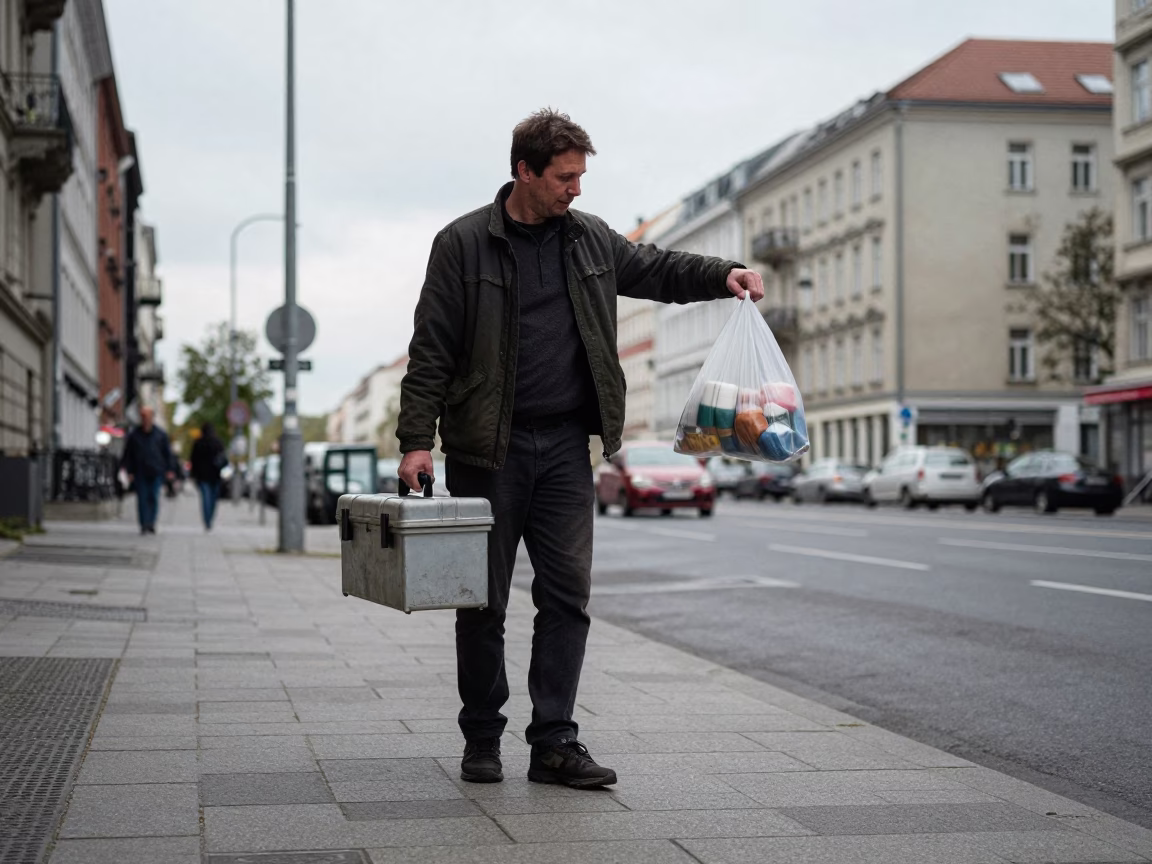 Berlin Street Scene Overcast Midday with Toolbox and Glass Tumblers in in Berlin, Germany