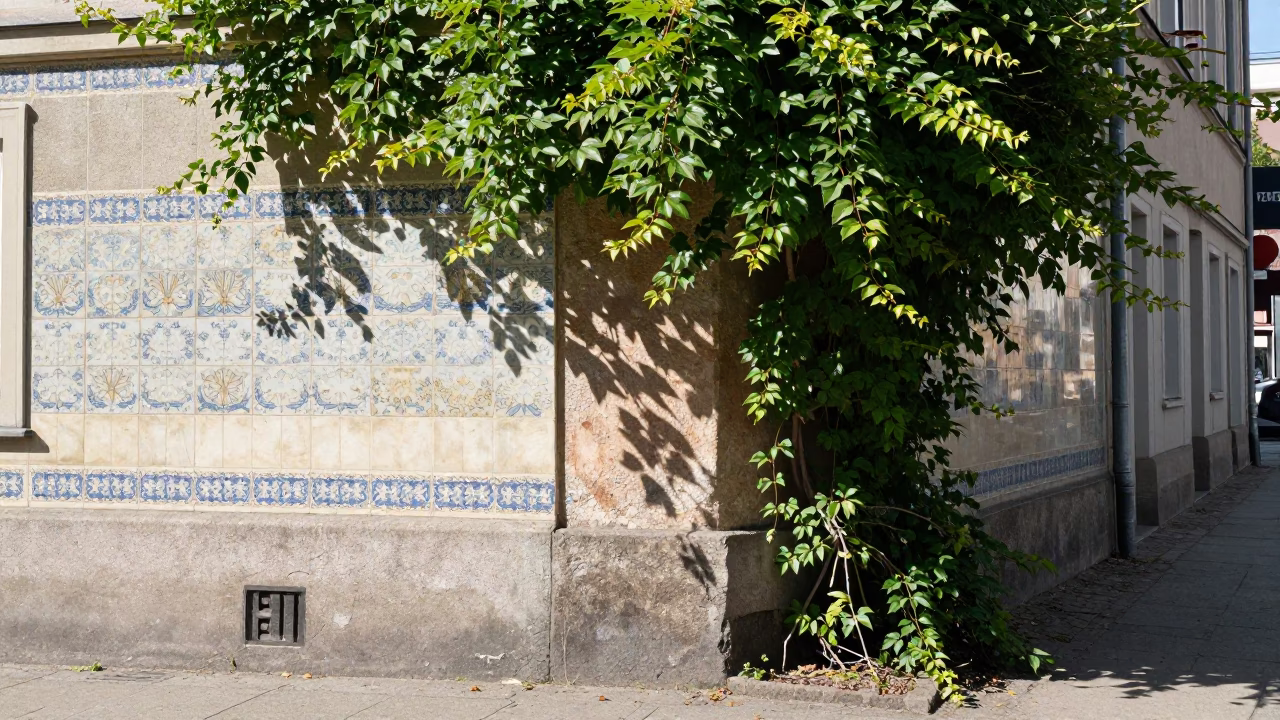 Berlin Street Scene with Ceramic Tiles and Clematis Vine in Bright Midmorning Light in in Berlin, Germany