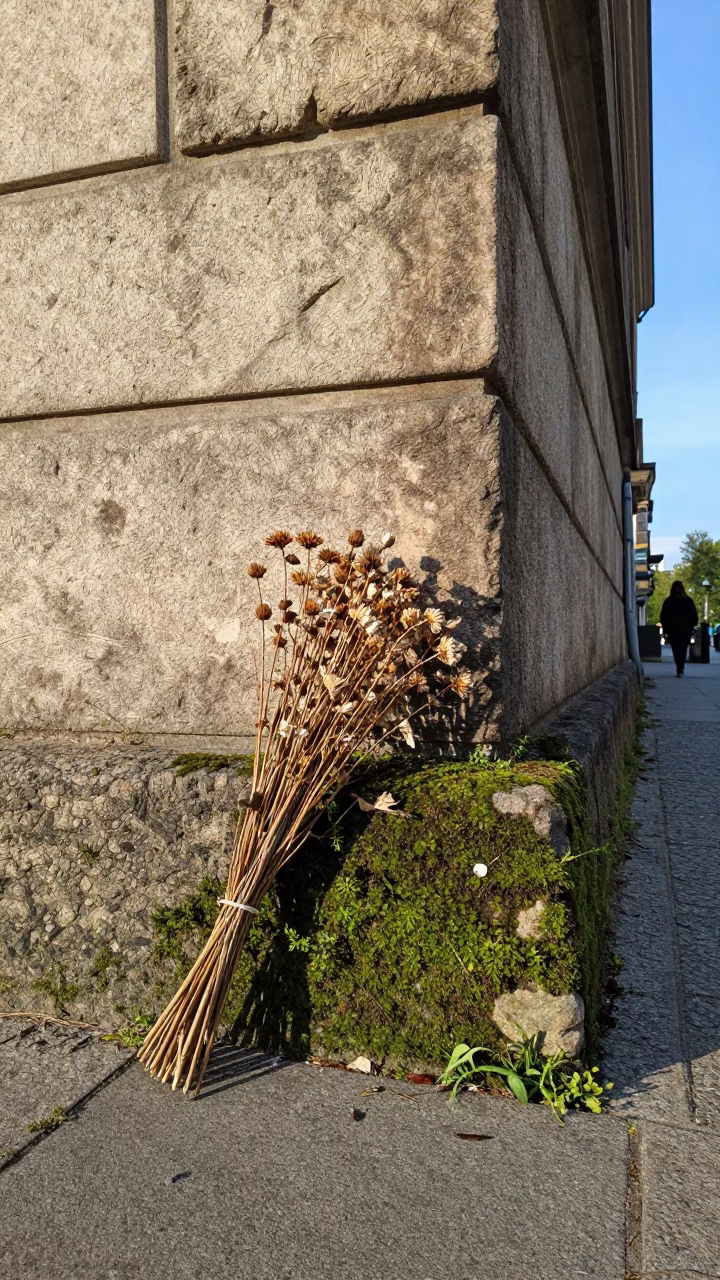 Berlin Street Scene with Dried Flowers and Mossy Stone Wall in Late Afternoon Light in in Berlin, Germany