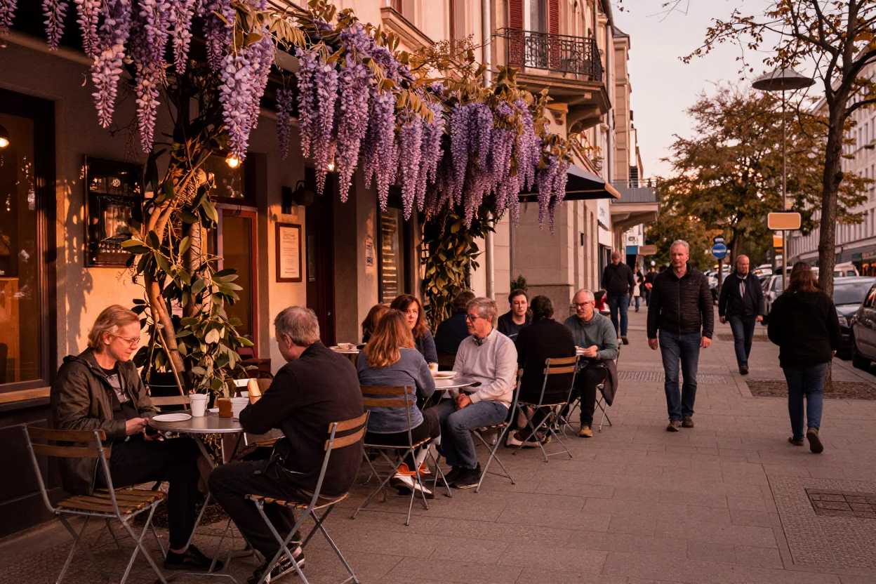 Berlin Street Scene with Folding Chairs and Wisteria in Copper Dusk Light in in Berlin, Germany