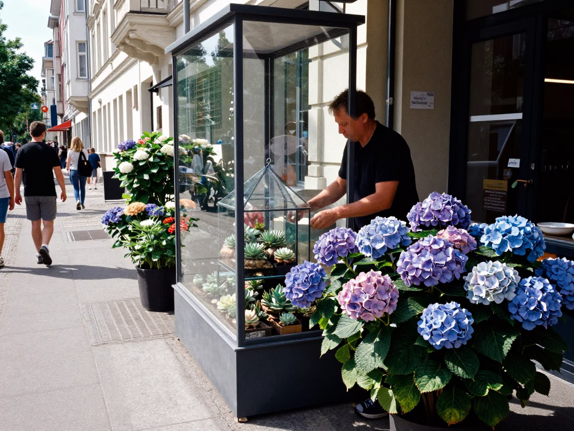 Berlin Street Scene with Glass Display Case and Hydrangeas in Bright Morning Light in in Berlin, Germany