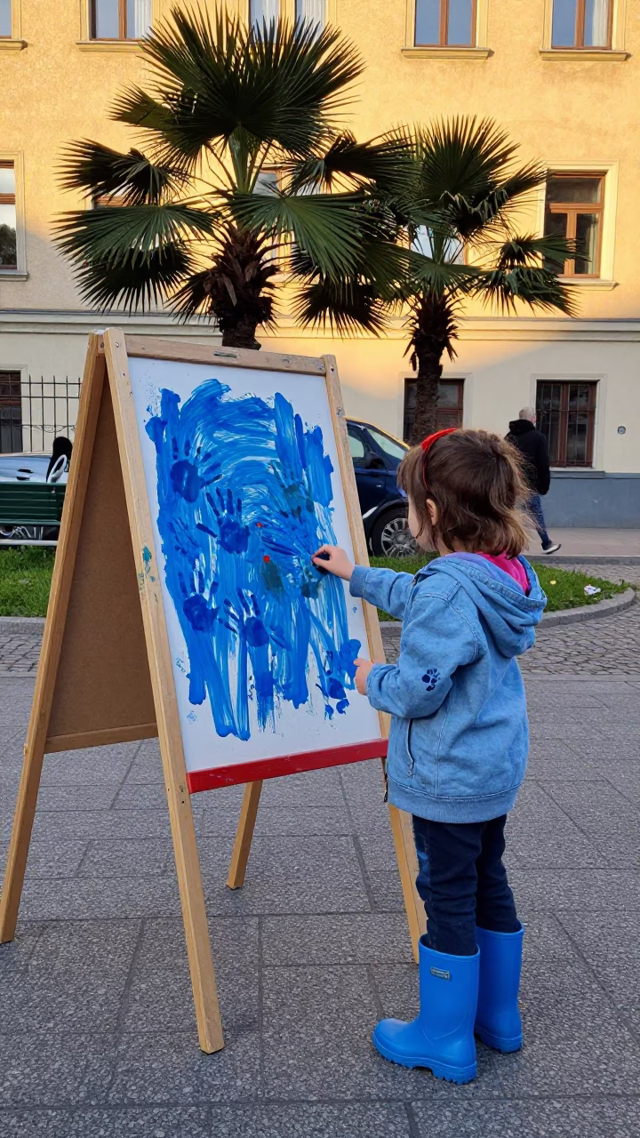Berlin Street Scene with Preschool Easel and Palmiers in Evening Light in in Berlin, Germany