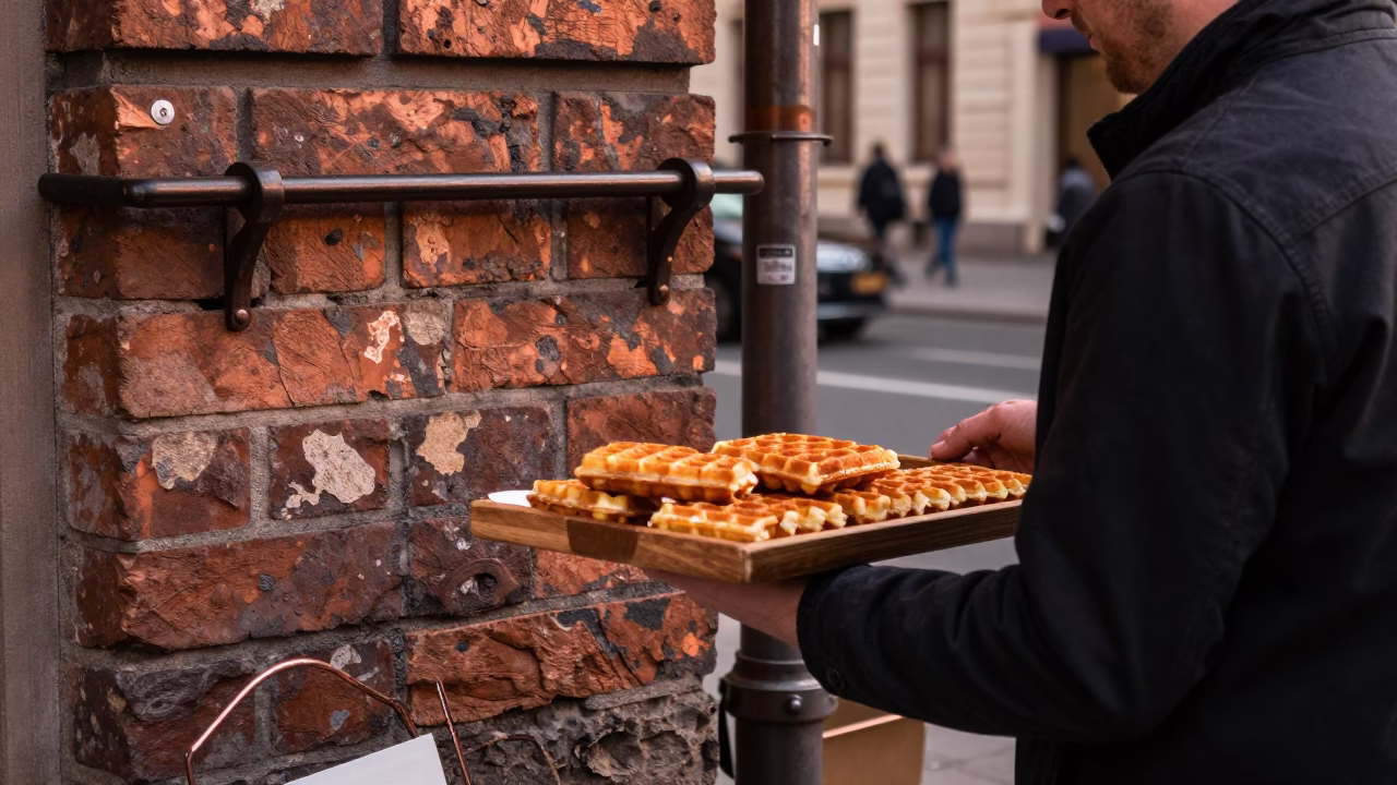 Berlin Street Scene with Stroopwafels and Peg Rail Under Copper Dusk Light in in Berlin, Germany