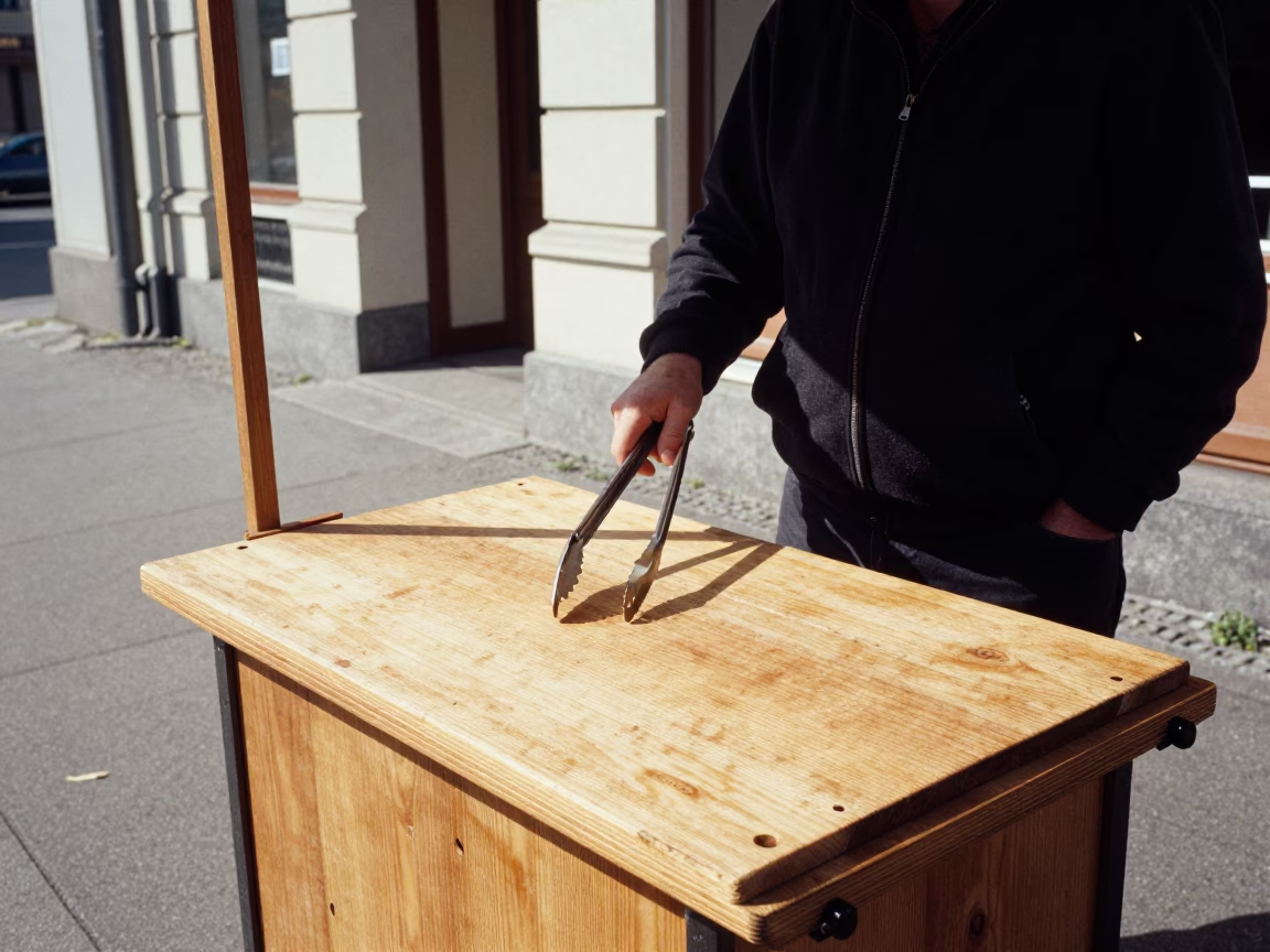 Berlin Street Vendor with Bread Board and Kitchen Tongs in Early Afternoon in in Berlin, Germany