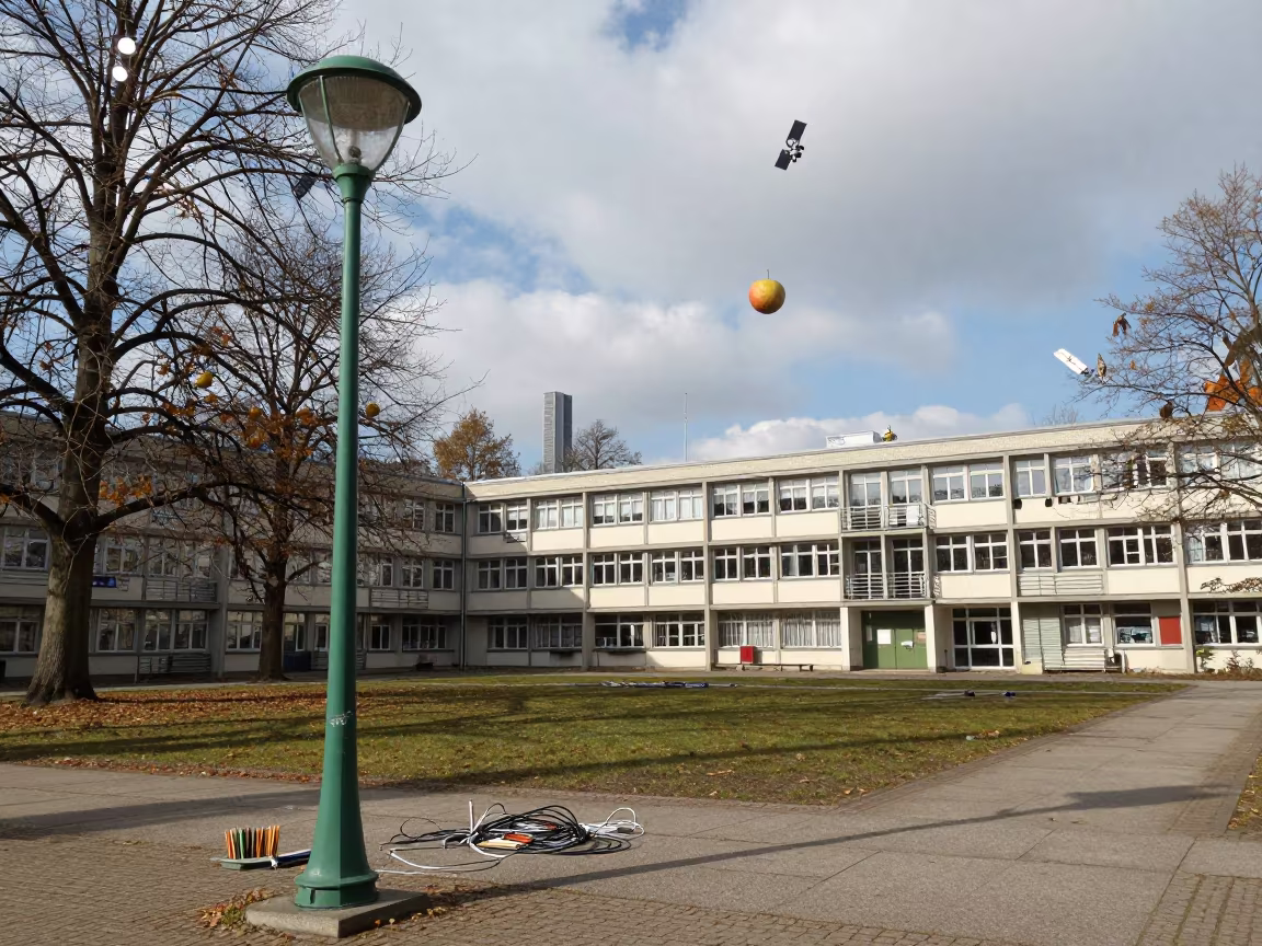 Berlin Study Carrel Under Giant Fruit Sky in along a schoolyard walkway near Berlin