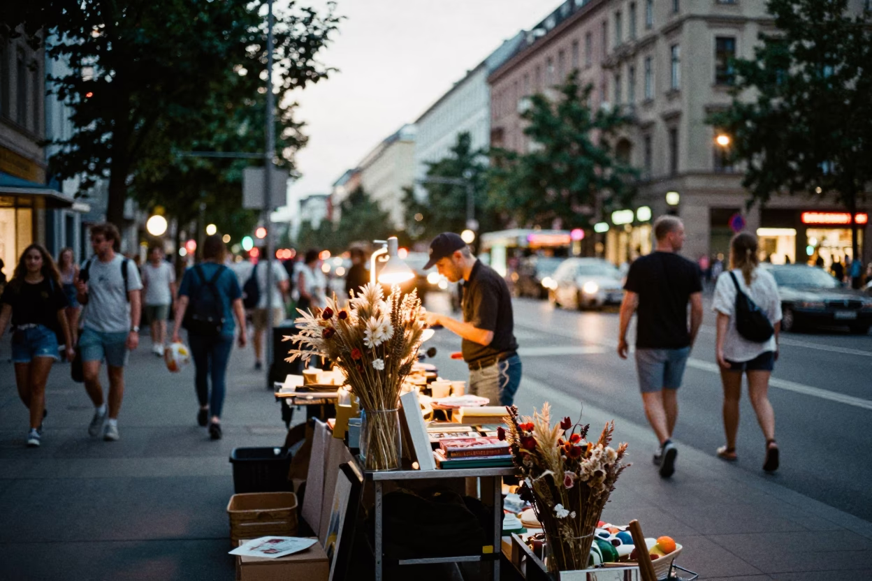 Berlin Summer Evening Street Scene with Dried Flowers and Porcelain in in Berlin, Germany