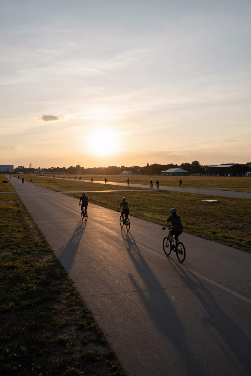 Berlin Sunset at Tempelhofer Feld with Cyclists and Open Sky in in Berlin, Germany