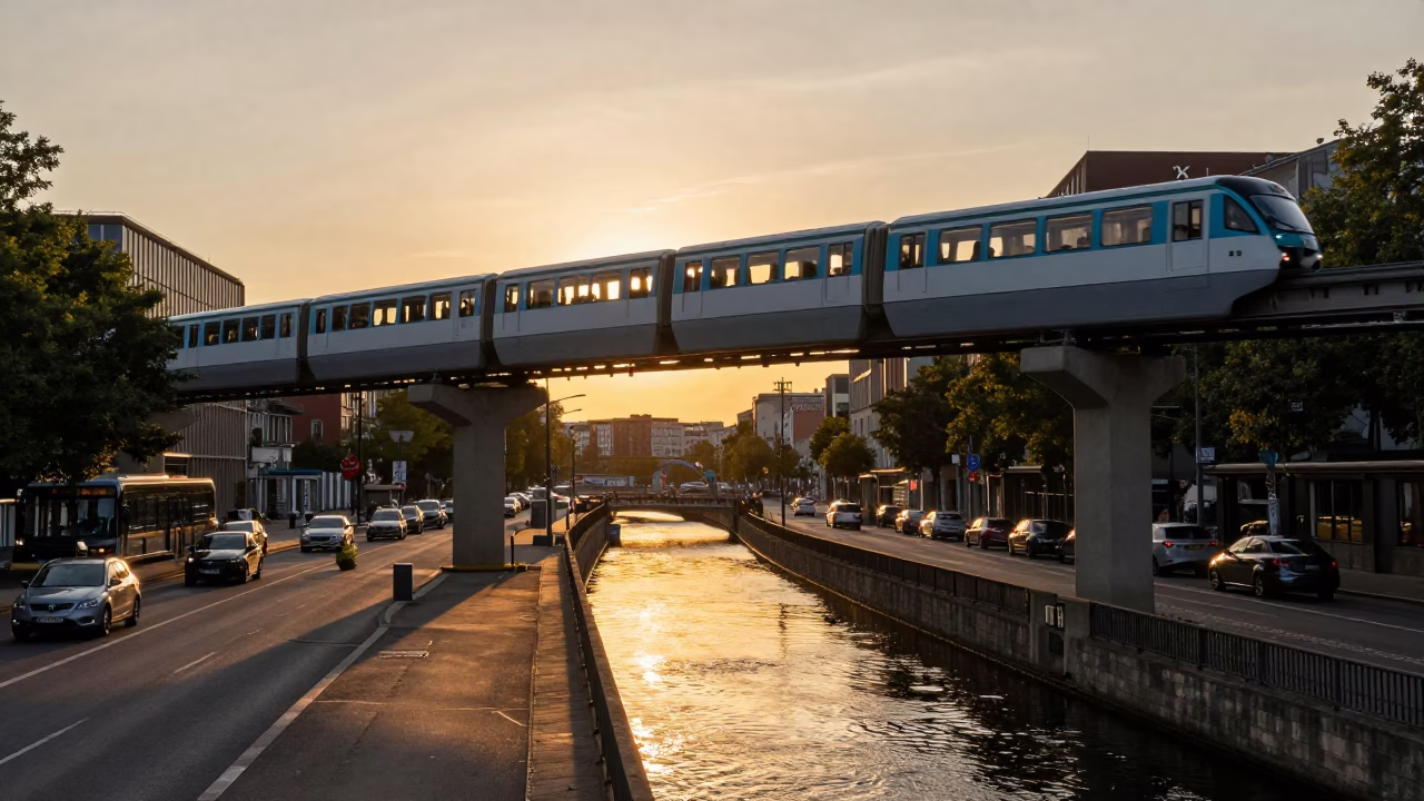 Berlin Sunset Monorail Crossing Over Urban Street With Canal Houses in in Berlin, Germany