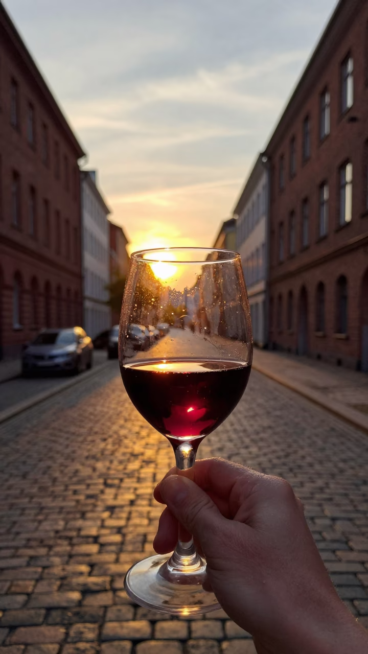 Berlin Sunset Scene with Red Wine Glass and Condensation on Bottle Neck in in Berlin, Germany