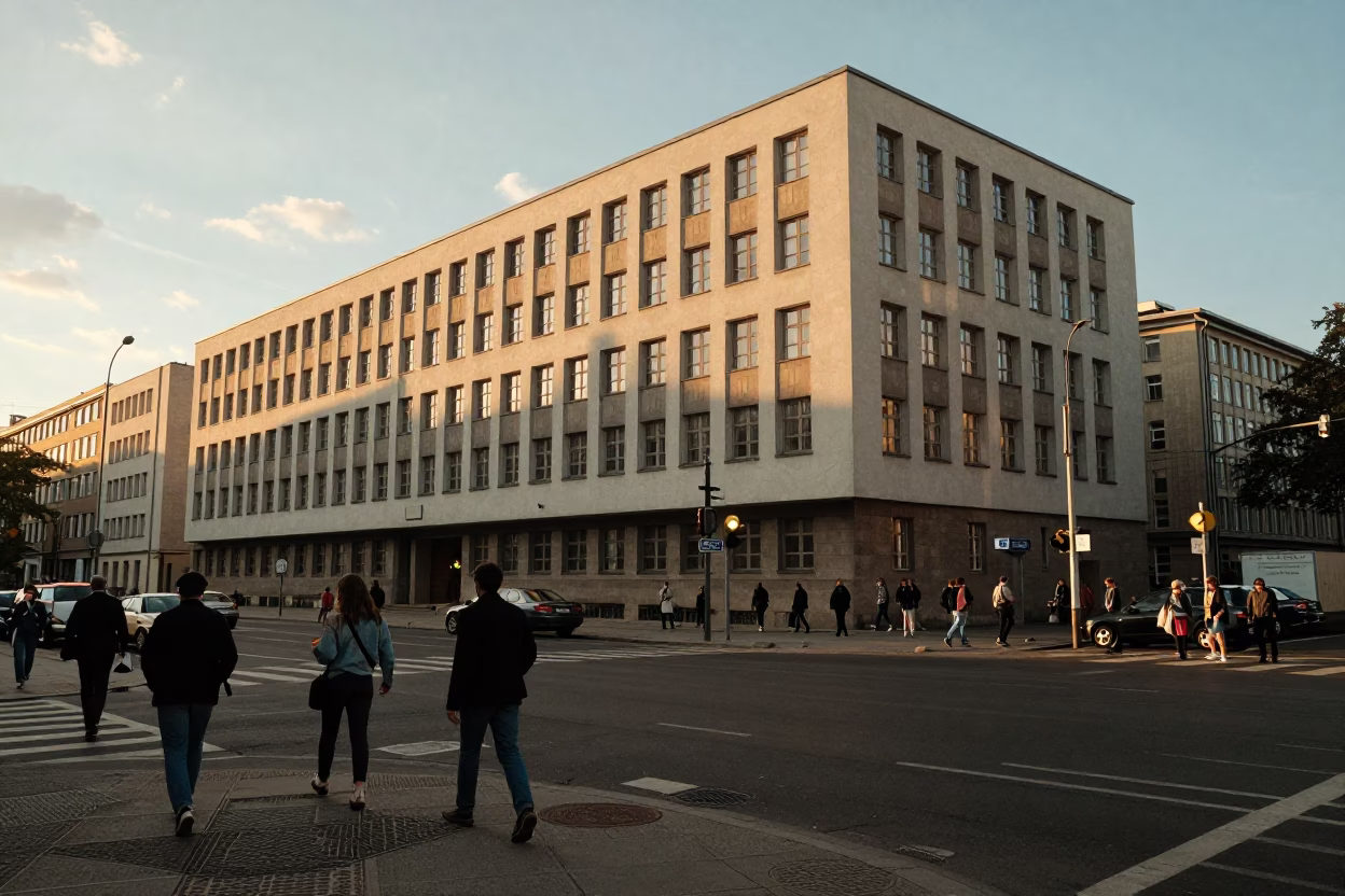 Berlin Sunset Street Scene with Bauhaus Architecture and Urban Details in in Berlin, Germany