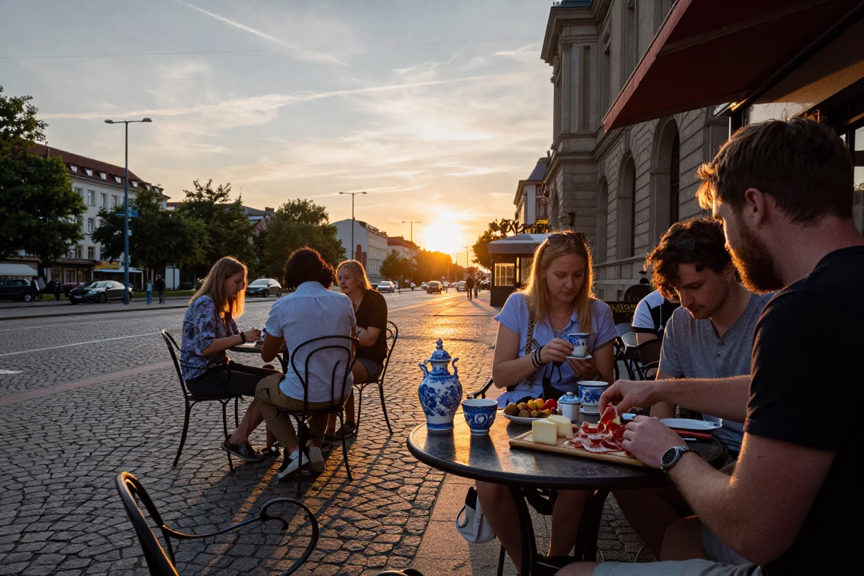 Berlin Sunset Street Scene with Delft Blue Porcelain and Cheese Board at Outdoor Cafe in in Berlin, Germany