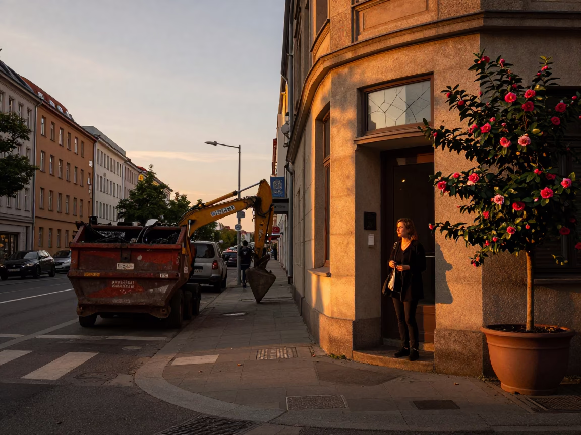 Berlin Sunset Street Scene with Demolition Dumpster and Camellia in Flower in in Berlin, Germany