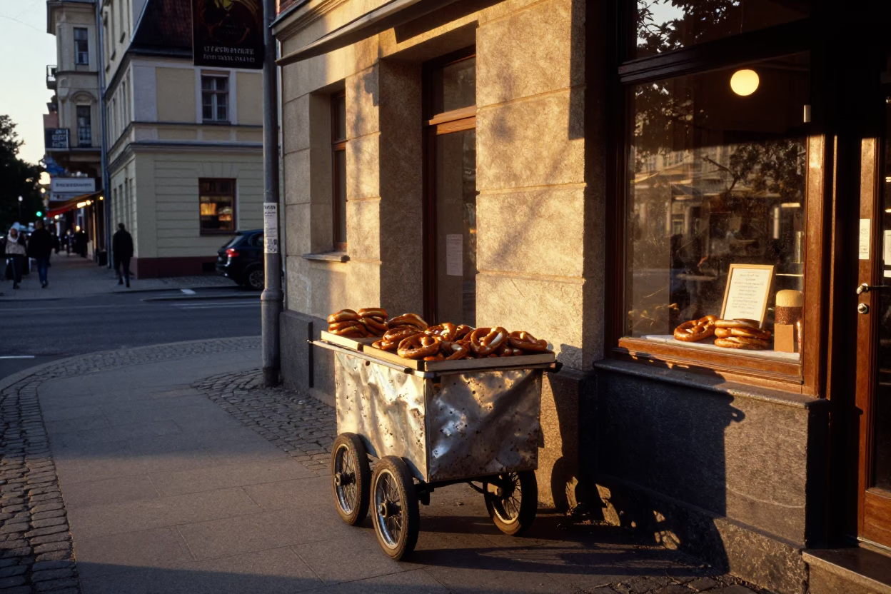 Berlin Sunset Street Scene with Dented Metal and Urban Details in in Berlin, Germany