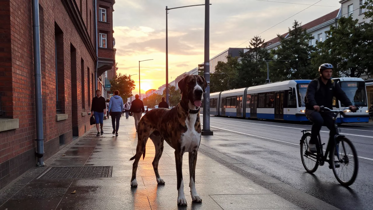 Berlin Sunset Street Scene with Great Dane and Urban Architecture in in Berlin, Germany